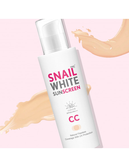Namu Snail White Sunscreen CC Cream SPF50+ on pink background