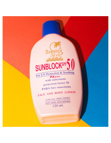 Hawaiian Style Sunblock Lotion SPF50 on background
