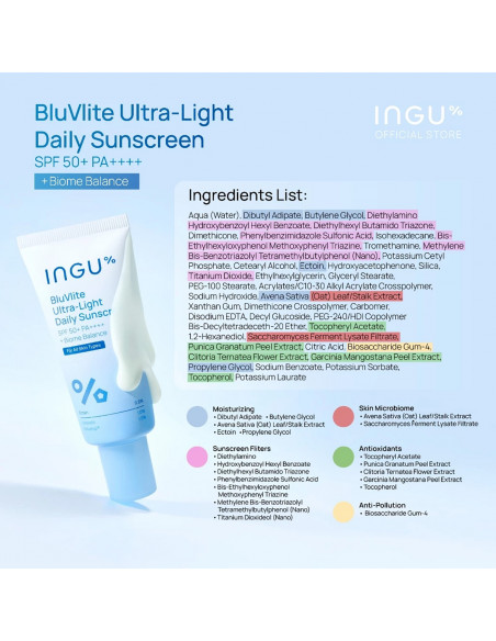 INGU BluVlite Ultra-Light Daily Sunscreen ingredients